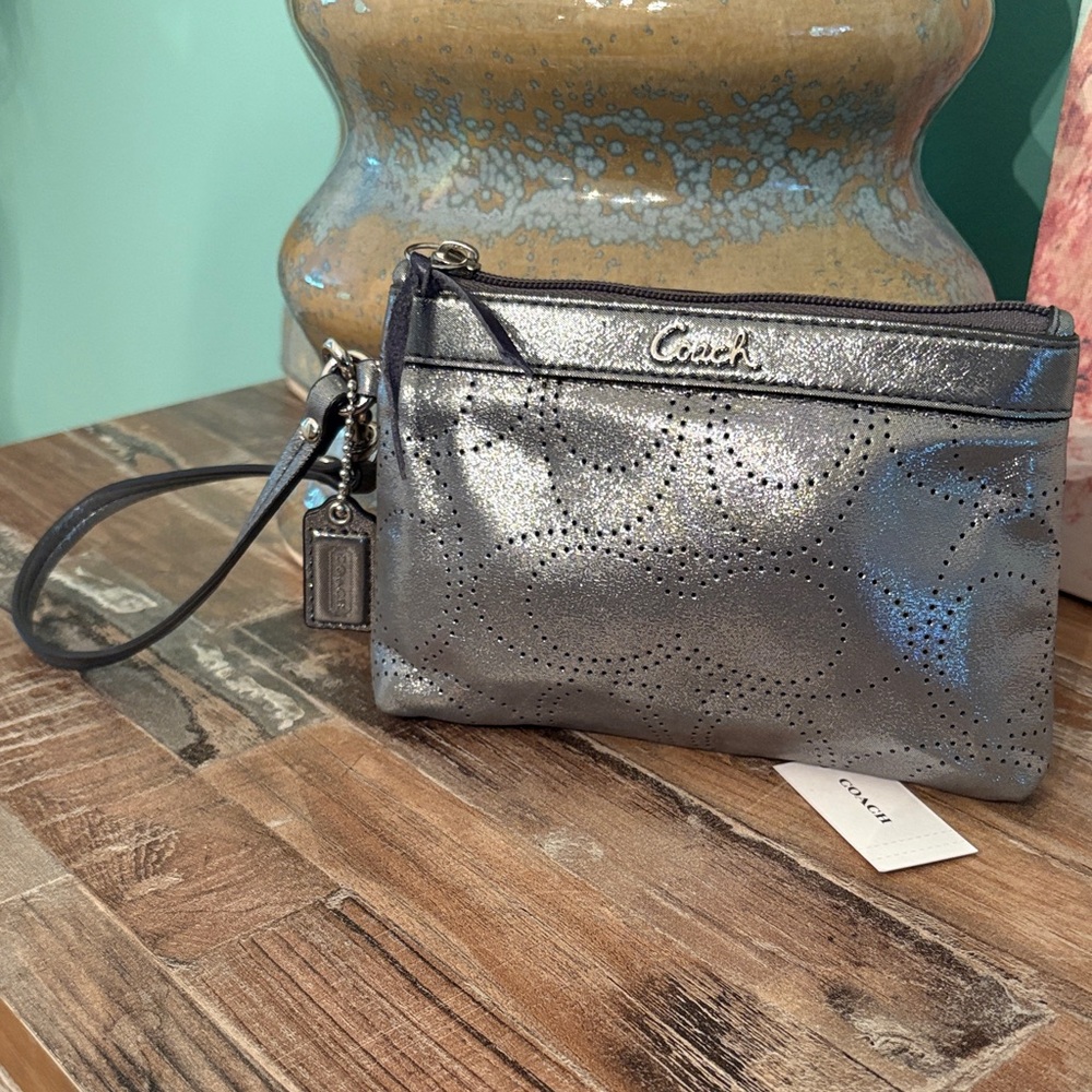 NWT Coach Metallic Gray Perforated Leather Wristlet Clutch